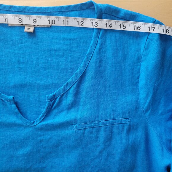 FLAX 100% Linen 2 Pc Tunic~Shorts Size MEDIUM Sapphire Blue Tab Adj Long Sleeves - Picture 10 of 15